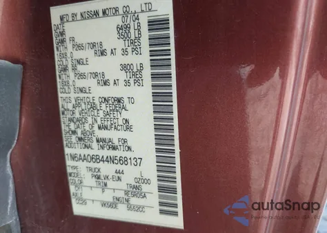 2004 Nissan Titan Le из США, поврежденный, VIN 1N6AA06B44N568137